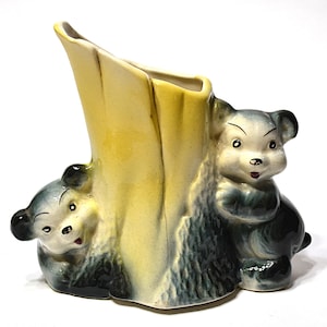 Vintage Pottery Planter Black Bear Cubs Tree Stump Kitsch 1940's Decor American Bisque