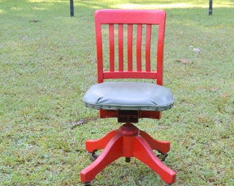 Vintage Red Bankers Chair Oak Wooden Office Desk Chair Rolling Casters Swivels Adjustable Upholstered Seat Painted Furniture Panchosporch