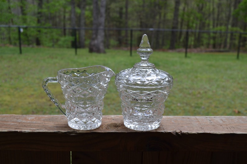 Vintage Pressed Glass Sugar Bowl and Creamer Set Collectible Glassware PanchosPorch image 1