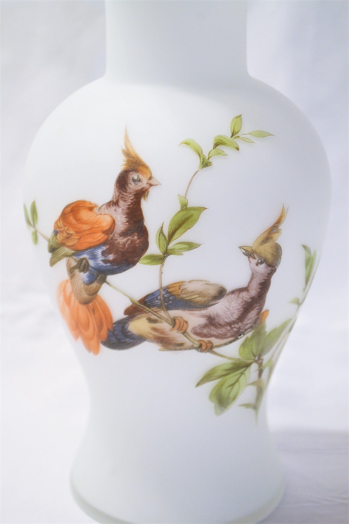 Vintage White Frosted Glass Vase Bird Pair Couple Satin Cased Etsy