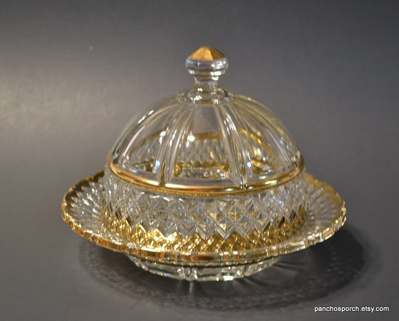 Vintage EAPG Dome Butter Dish Clear Glass Gold Details Diamond Etsy