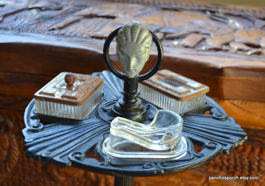 Vintage ART DECO Pipe Ashtray Stand Cast Metal Smoking Stand Face