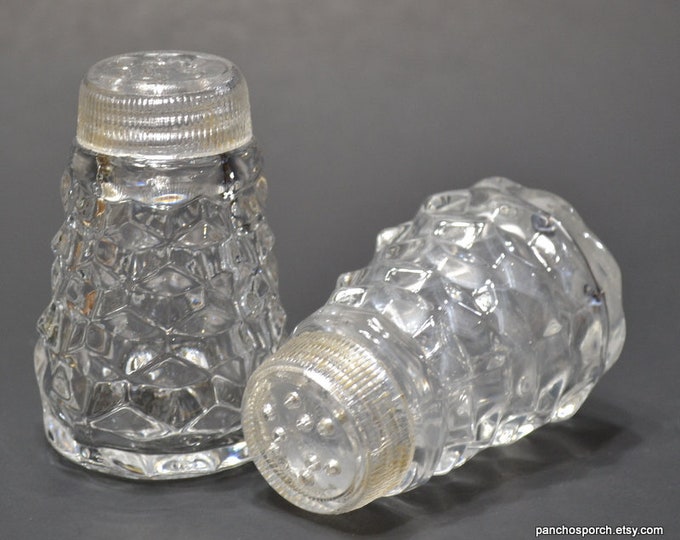 Vintage FOSTORIA American Clear Salt Pepper Shaker Set Glass Lids Cube