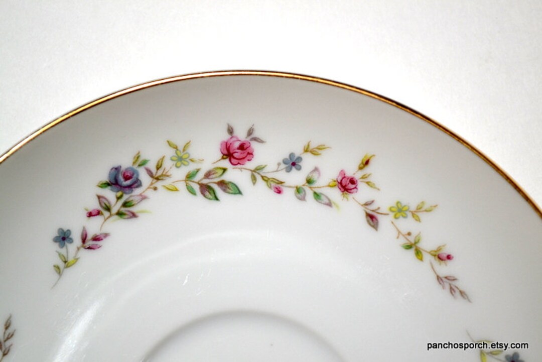Vintage Spring Garden Saucer Dish Plate Pink Blue Floral Flowers Gold