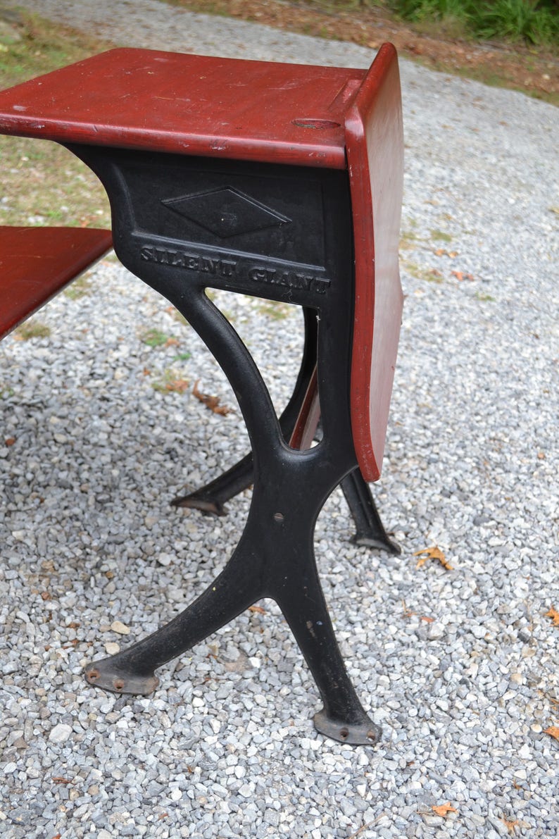 Vintage School Desk And Chair Cast Iron Metal Wood Silent Etsy