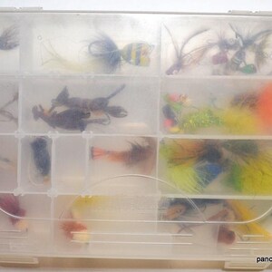 May include: A clear plastic tackle box filled with various fishing lures. The lures are colorful, with feathers, beads, and other materials. The box is divided into multiple compartments for organization.