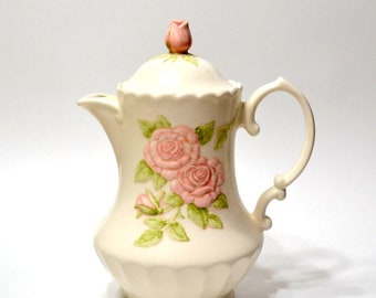 Vintage Metlox Vernon Rose Pink Coffee Pot with Lid Pink Green Raised Floral California Pottery Retro Dinnerware USA PanchosPorch