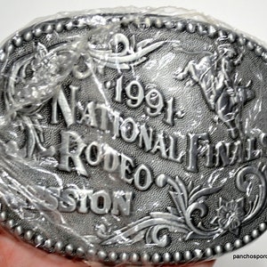 Vintage 1991 NFR Rodeo Belt Buckle: Hesston Pewter, Bull Riding