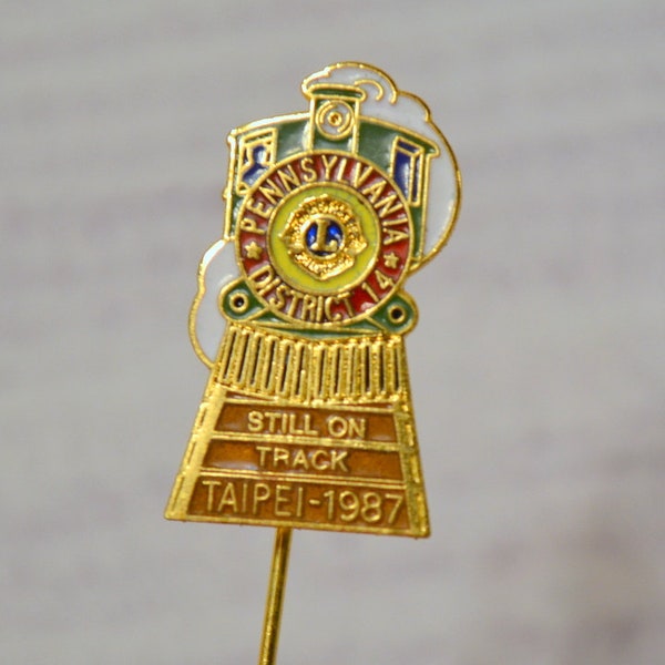 Vintage Lions Club Train Stick Pin Pennsylvania District 14N Still on Track Taipei 1987 Gold Tone Metal Hat Lapel Backpack Pin PanchosPorch