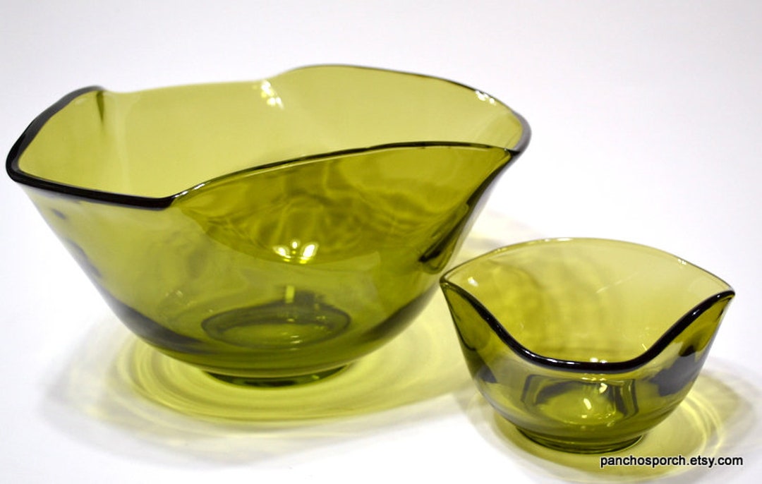 Vintage Glass Chip and Dip Bowl Set Olive Green Retro Etsy