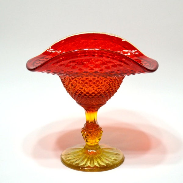 Vintage Amberina Glass Footed Compote Candy Dish Red to Yellow Ombre Diamond Point Jeanette Retro Glassware PanchosPorch