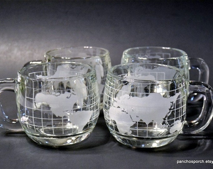 Vintage Nestle Etched Glass Cup Set of 4 World Map Globe Etsy