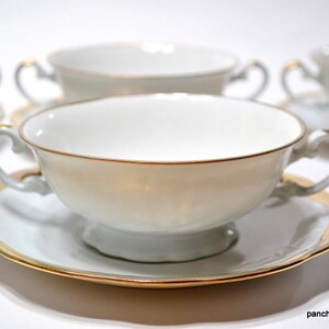 Vintage CREAM SOUP Bowl Set of 5 Matching Saucers Pale Gray Hand Painted Elegant Dinnerware  Hutschenreuther Germany PanchosPorch