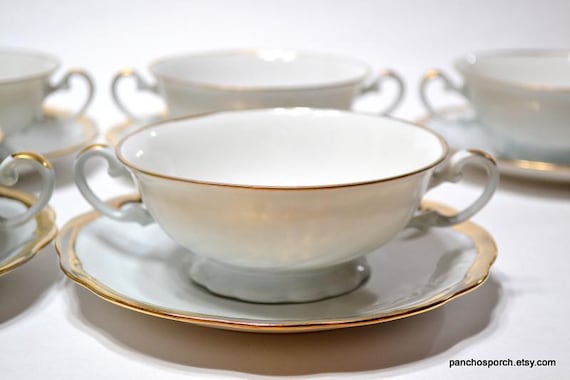 Vintage Hutschenreuther Cream Soup Bowl Set: Hand-Painted Gray & Gold Trim