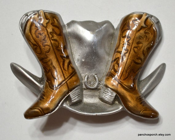 Vintage Cowboy Belt Buckle: Pewter Hat, Boots, Horseshoe  display picture 3