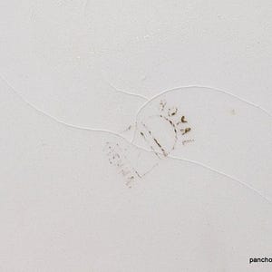 Op de afbeelding: Een close-up van een wit oppervlak met een voetafdruk en een paar kleine bruine vlekken. Het oppervlak heeft een textuur met subtiele lijnen en de tekst "panchosporch.etsy.com" rechtsonder.