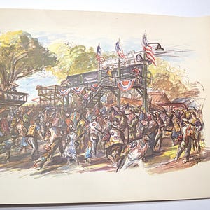 May include: Vintage illustration depicting a lively outdoor event. The scene features a crowd of people, a wooden structure with stairs, and American flags. The artwork uses a watercolor style with a warm color palette.