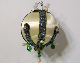 Vintage Handmade Sequin Ball Christmas Tree Ornament Decoration Blue Green White Sequin Beads PanchosPorch