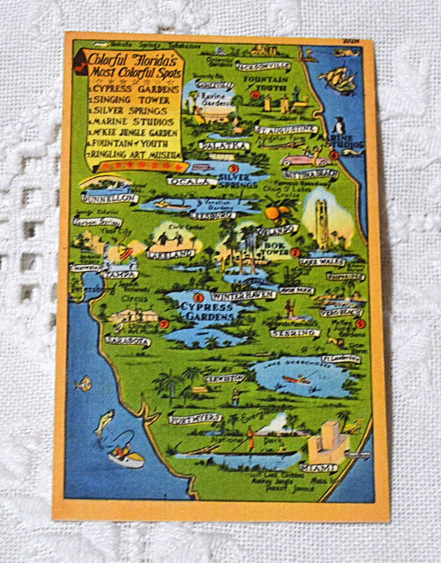 Vintage Florida Map Postcard: Colorful Attractions Souvenir, image size:1461x1865