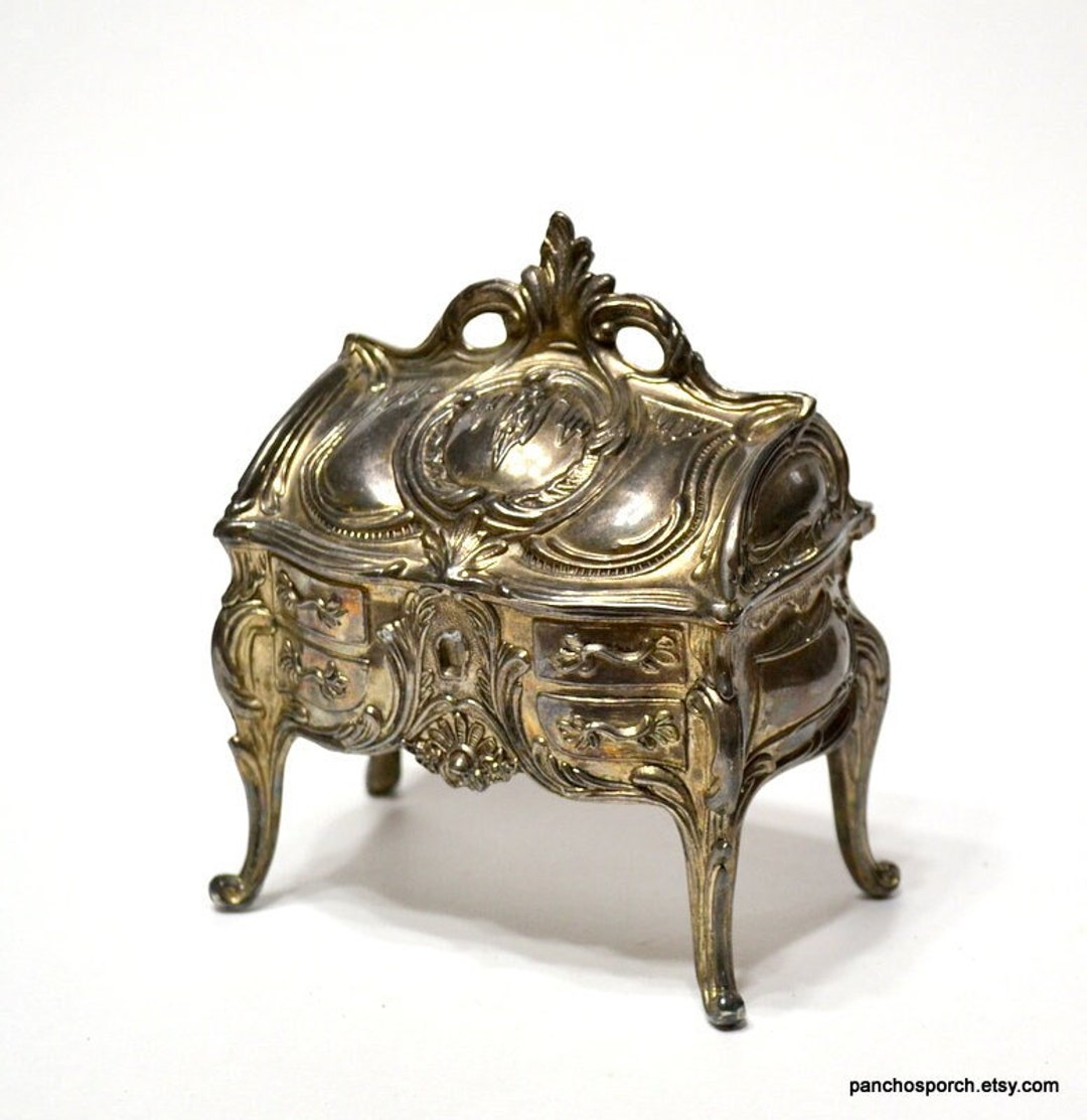 Vintage Ornate Jewelry Box Silver Tone Metal Red Velvet Lining Etsy