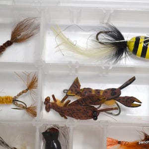 May include: A clear plastic tackle box filled with various fishing flies. The flies are in different colors and designs, including brown, yellow, black, and white. Some flies resemble insects, while others have feather and fur accents.