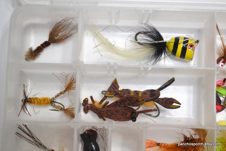 May include: A clear plastic tackle box filled with various fishing flies. The flies are in different colors and designs, including brown, yellow, black, and white. Some flies resemble insects, while others have feather and fur accents.