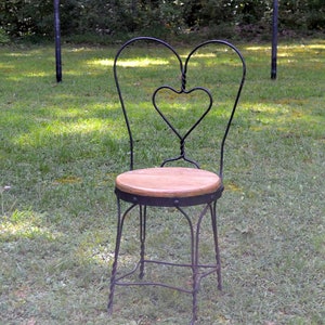 Vintage Ice Cream Parlor Chair: Black Metal Heart Back, Wooden Seat