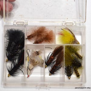 Vintage Fly Fishing Lures with Storage Box 15 Various Flies Freshwater Trout Fishing Bait Tackle Gear Lake House Decor PanchosPorch