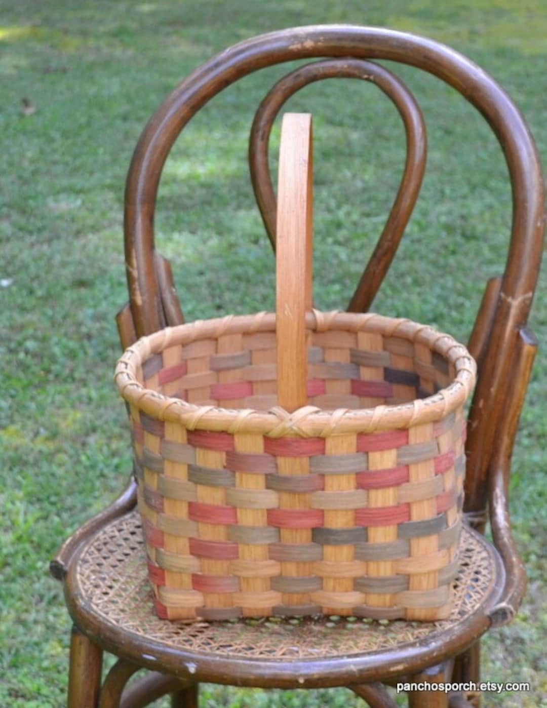 Vintage Handmade Woven Basket With Handle Died Cane Reed Square