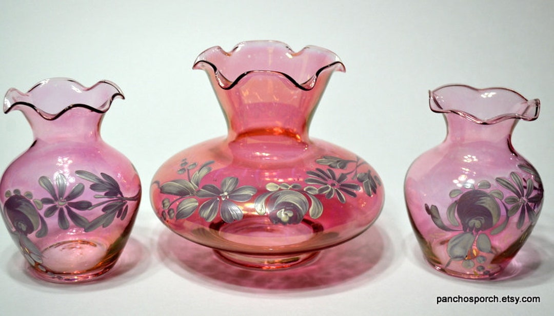 Vintage Cranberry Glass Vase Set of 3 Hand Painted Floral Design Pink