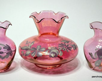 Vintage Cranberry Glass Vase Set of 3 Hand Painted Floral Design Pink Cranberry Flash Ruffled Flower Vases Rainbow Glass Co Panchosporch