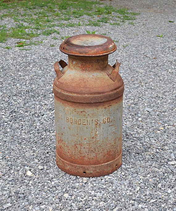 Vintage Borden's Milk Can: 25 Inch Rustic Metal Container With Lid