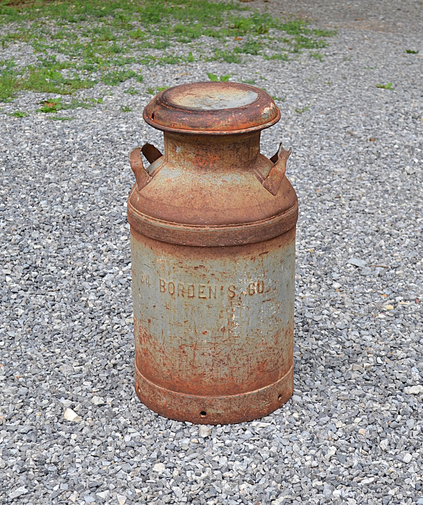 Vintage Borden's Milk Can: 25 Inch Rustic Metal Container With Lid