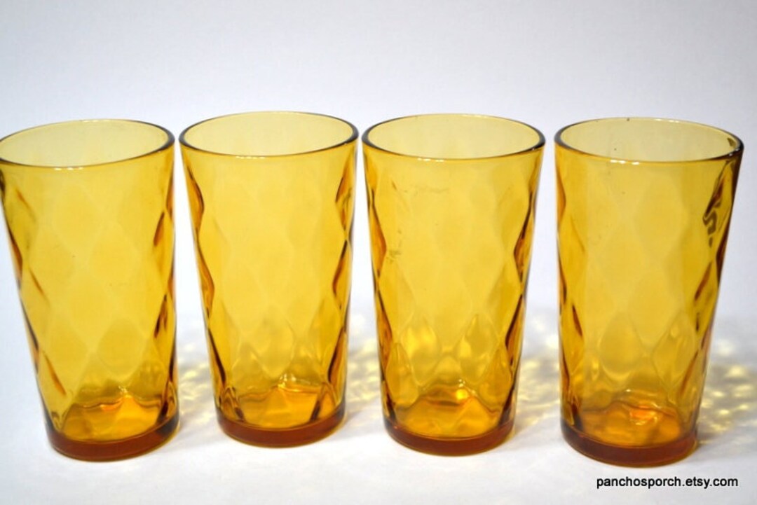 Vintage Amber Glass Tumbler Set of 4 Optic Diamond Pattern Etsy