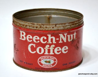 Vintage Beech Nut Coffee Tin 1 Pound Size Red White Metal Container Rustic Kitchen Coffee Bar Decorative Tin Advertising Panchosporch