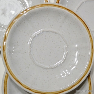 Vintage Hearthside Saucer Set: Speckled Beige Stoneware, Caramel Brown Bands