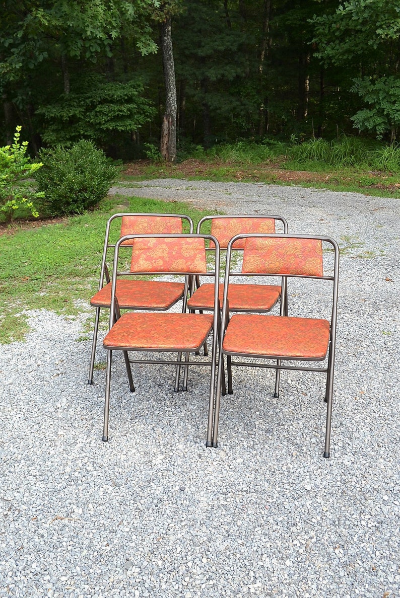 Vintage Cosco Folding Chair Set Of 4 Metal Frame Orange Vinyl Mid Century Extra Seating Retro Kitchen Usa Panchosporch