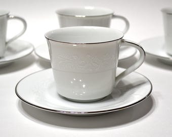 Vintage NORITAKE REINA Cup and Saucer Set of 4 White Floral Pattern 6450Q