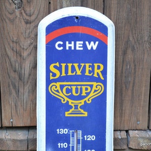 Vintage Silver Cup Tobacco Metal Sign Thermometer: 39-inch Store Display