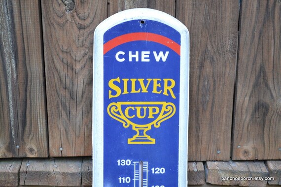 Vintage Silver Cup Tobacco Metal Sign Thermometer: 39-inch Store Display