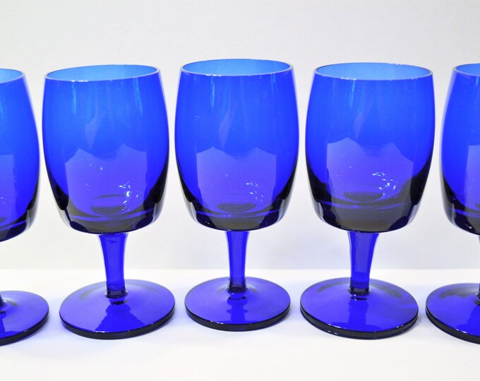 Vintage Cobalt Blue Wine Glass Set of 5 Stemware Retro Etsy