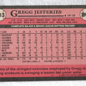 Gregg Jeffries Baseball Card No 233 Topps 1989 MLB Baseball New York Mets Vintage Trading Card Collectible Memorabilia PanchosPorch image 3