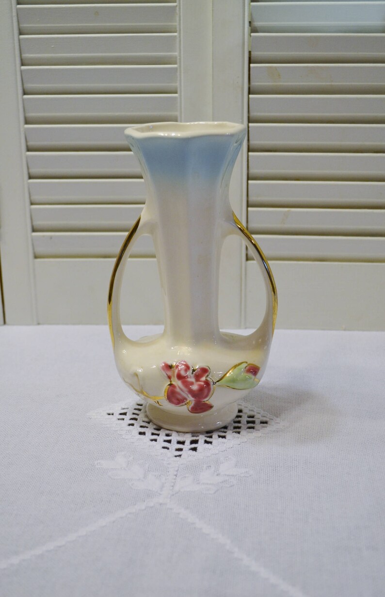 Vintage Ceramic Vase Pink Flowers 22k Gold Details White Fade Etsy