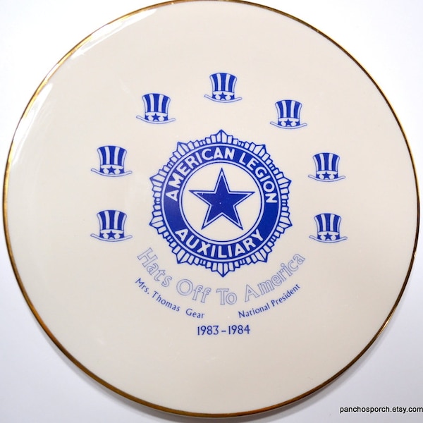 Vintage American Legion Auxiliary Plate Hats Off America Blue White 1983 1984 Commemorative  Plate Limited Edition Wall Decor PanchosPorch