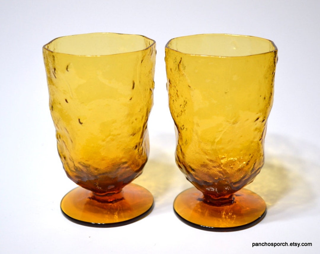 Vintage Senecs Driftwood Amber Water Goblet Glass Set of 2 Gold