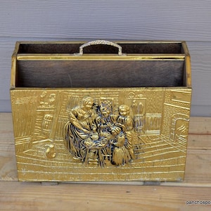 Vintage Brass Covered Magazine Rack Mid Century Embossed Brass Pub Scene Storage Organizer Books Newspapers PanchosPorch