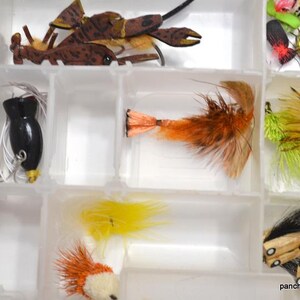 May include: A clear plastic tackle box filled with various fishing lures. The lures include a black lure, brown crab-shaped lures, and colorful feathered lures in shades of red, orange, yellow, and green.