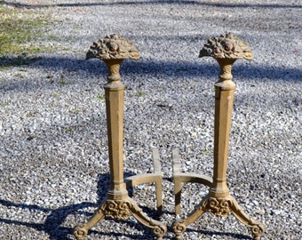 Vintage METAL Andirons Set of 2 Floral Bouquet Ornate Tall Cast Iron Brass Tone Finish Fireplace Hearth Decor Fire Dogs Gold Panchosporch