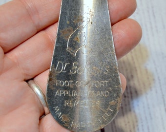 Vintage Dr Scholl Shoe Horn Make Happy Feet Logo Foot Comfort Metal Advertising PanchosPorch