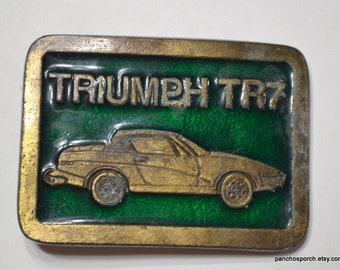 Vintage TRIUMPH TR7 Belt Buckle Metal Enamel Sports Car Enthusiast Gift Green Gold Mens Accessory Country Western PanchosPorch